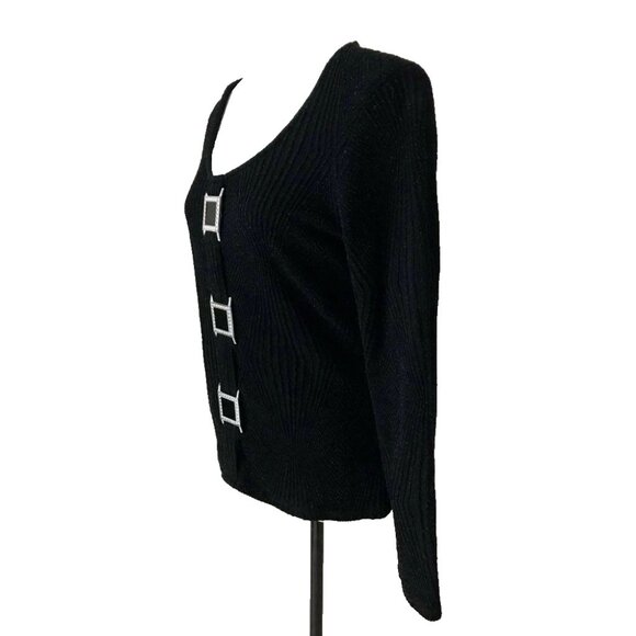FRANK LYMAN Design Long Sleeve Top Blouse Size 12 Black Textured Metallic Nylon - Picture 3 of 6